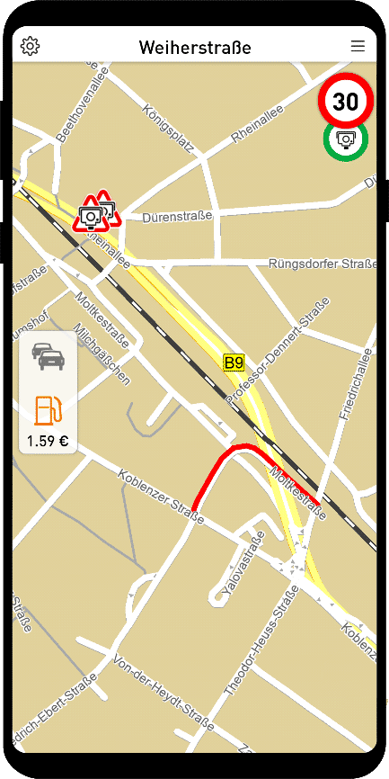 Navigationskarte: Die B9 ist ein Tunnel und verläuft unterhalb der Strassen. Auf der Karte wird es entsprechend dargestellt.